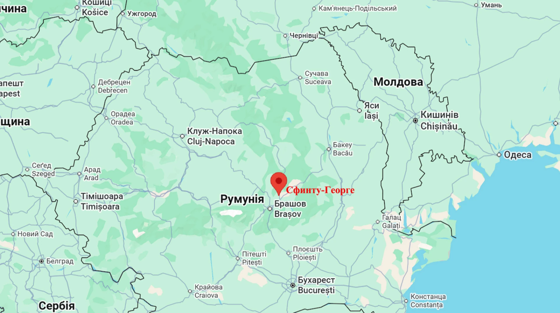 Положення міста Сфинту-Георге в дельті Дунаю на мапі