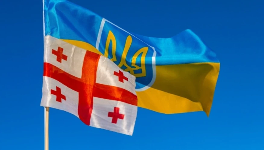 Прапор Грузії на тлі урядової будівлі як символ рішення про допомогу українцям